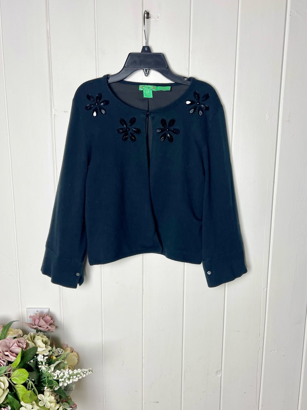 Tibi Black Cropped Cardigan with Embellished Collar